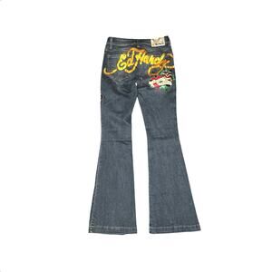 Ed Hardy Women’s Flare Jeans 26x32.5 Mid Rise Dark Wash Tattoo Embroidered Y2K